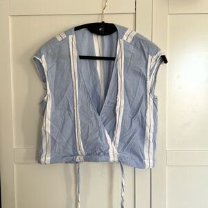 ZARA Basic Collection Chambray Striped Faux Wrap Drawstring Crop Top